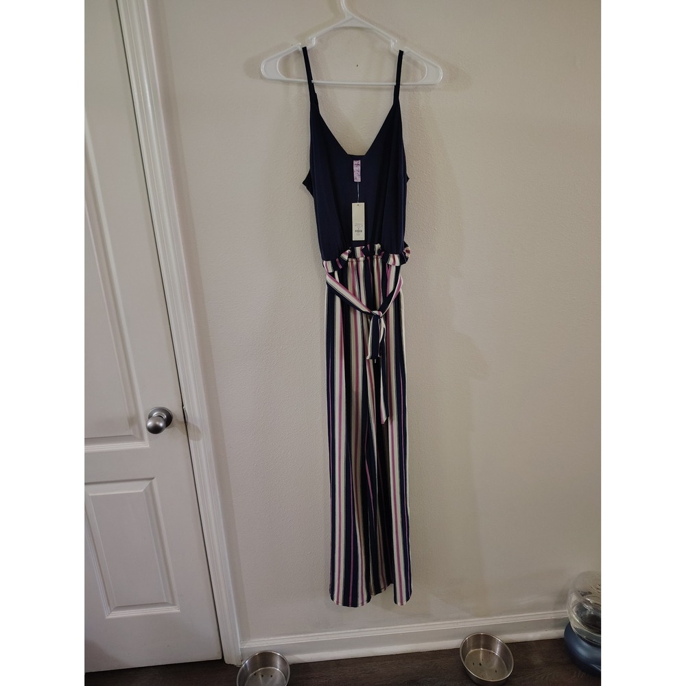 Alya Francesca's Navy Striped Wide Leg Jumpsuit Paperbag Waist NWT Medium